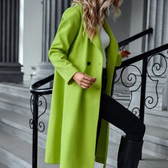 Womens Double Button Flap Detail Overcoat green - Picture 4 of 5